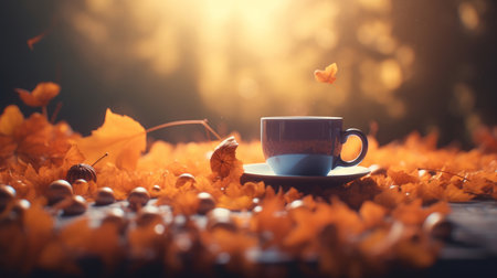 Autumn cozy coffee background. Illustration Generative AIの素材
