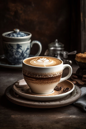 Coffee on rustic background. Illustration Generative AIの素材