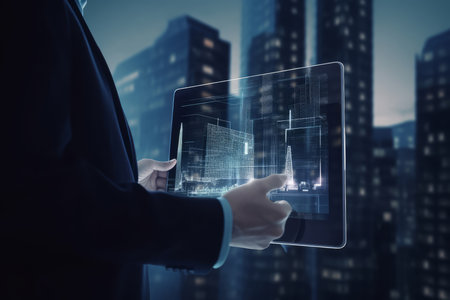 Digital tablet and a hologram of modern buildings, Illustration Generative AIの素材