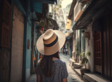 Girl wearing a hat as she walks in the narrow street. Illustration Generative AIの素材