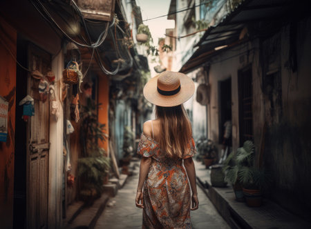 Girl wearing a hat as she walks in the narrow street. Illustration Generative AIの素材