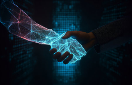 Close up of two businessmen shaking hands against digital background with binary codeの素材