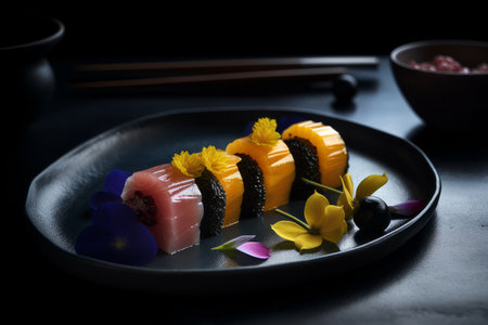 Sushi on black background. Illustration Generative AIの素材