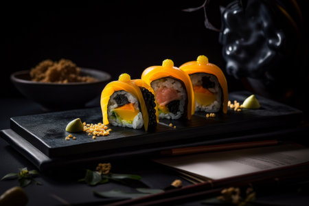 Sushi on black background. Illustration Generative AIの素材