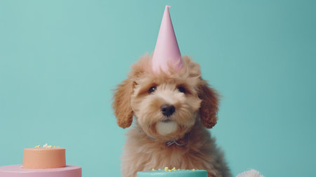 Cute funny birthday dog. Illustration Generative AIの素材