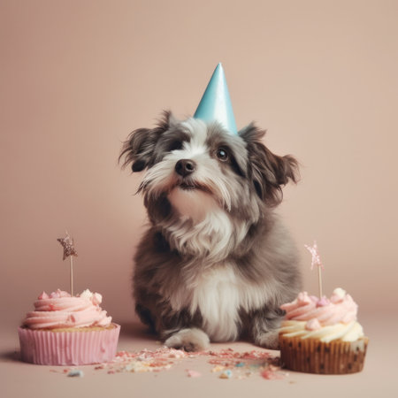 Cute funny birthday dog. Illustration Generative AIの素材