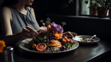 Woman sitting with flower bouquet by food on dining table Illustration Generative AIの素材