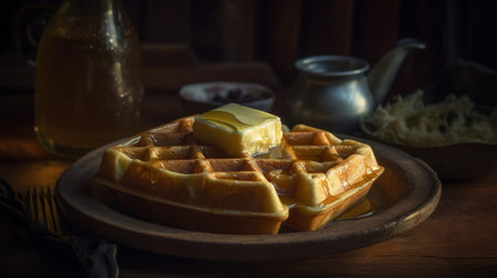 Waffle with butter and maple syrup Illustration Generative AIの素材