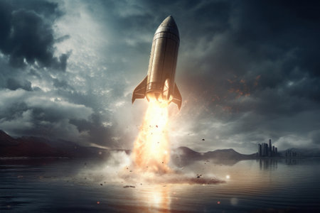 Space wallpaper rocket launch explosion with fire explosion. Illustration Generative AIの素材