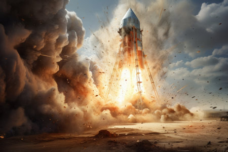 Space wallpaper rocket launch explosion with fire explosion. Illustration Generative AIの素材