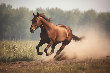 Brown horse galloping in the field. Illustration Generative AIの素材