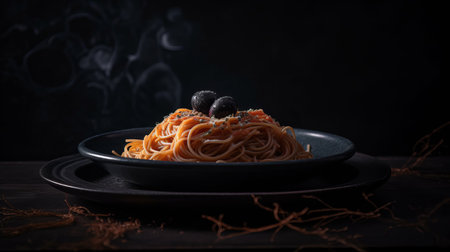 Dark plate with italian spaghetti Illustration Generative AIの素材
