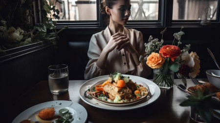 Woman sitting with flower bouquet by food on dining table Illustration Generative AIの素材