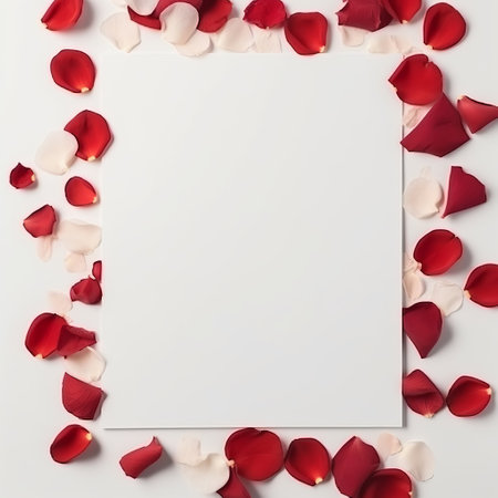 Empty white card mockup on rose petals background. Illustration Generative AIの素材