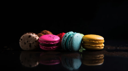 Multi flavored macaroons against dark background. Illustration Generative AIの素材