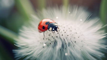 Ladybug on white dandelion. Illustration Generative AIの素材