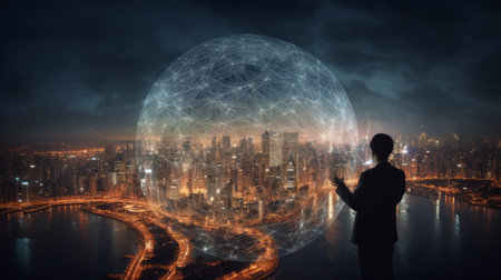 Man hand holds an electronic globe while looking at the city. Illustration Generative AIの素材