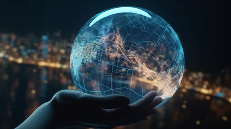 Man hand holds an electronic globe while looking at the city. Illustration Generative AIの素材