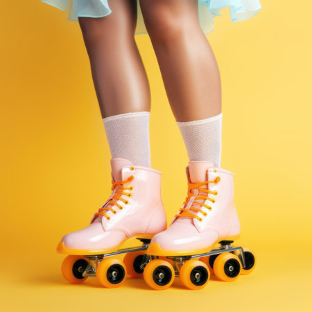Legs wearing cute sweet with shoelaces four wheeled roller blades. Illustration Generative AIの素材