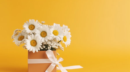 Yellow background with daisy flowers and gift box. Illustration Generative AIの素材