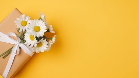 Yellow background with daisy flowers and gift box. Illustration Generative AIの素材