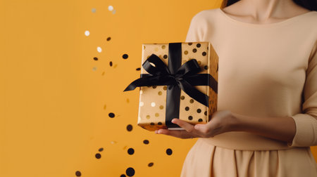 Yellow background with gift box. Illustration Generative AIの素材