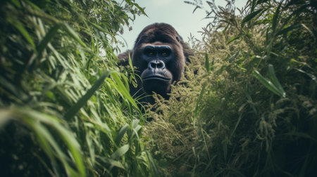 Giant gorilla hiding in the weeds Illustration Generative AIの素材