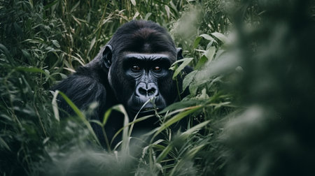 Giant gorilla hiding in the weeds Illustration Generative AIの素材