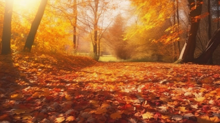 Autumn landscape with bright colorful leaves. Indian summer. Sunrise in the forest.の素材