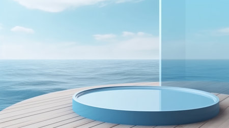 Blue circle podium on ocean background. Illustration Generative AIの素材