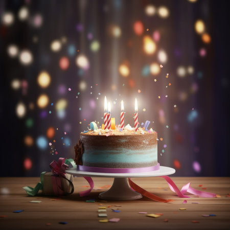 Happy Birthday background with cake. Illustration Generative AIの素材
