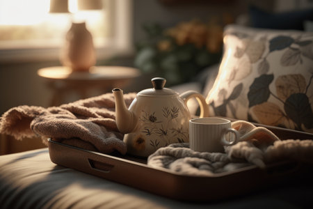 Cozy interior with cup of coffee. Illustration Generative AIの素材