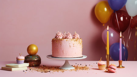 Happy Birthday background with cake. Illustration Generative AIの素材