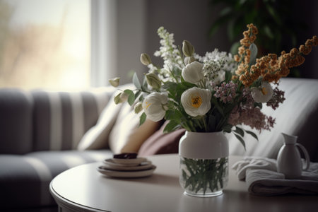 Interior design with flowers in vase. Illustration Generative AIの素材
