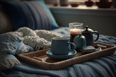Cozy interior with cup of coffee. Illustration Generative AIの素材