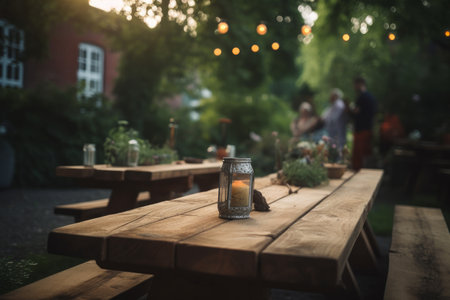 wooden table in garden. Illustration Generative AIの素材