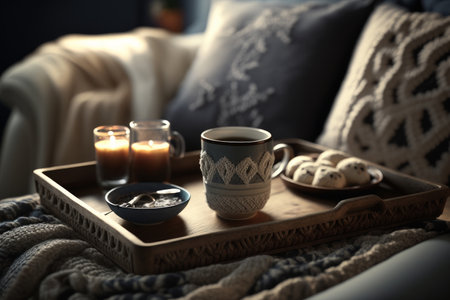 Cozy interior with cup of coffee. Illustration Generative AIの素材