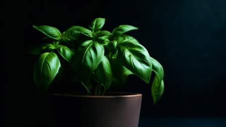 Basil leaves in flower pot. Illustration Generative AIの素材