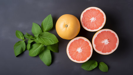 Fresh grapefruits and mints overhead view - flat lay Illustration Generative AIの素材