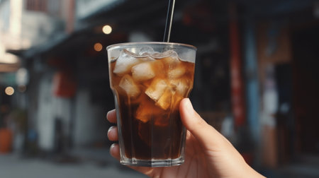 Glass of traditional vietnamese coconut ice coffee in woman hand. Illustration Generative AIの素材