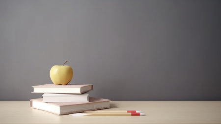 Back to school background with books and apple. Illustration Generative AIの素材