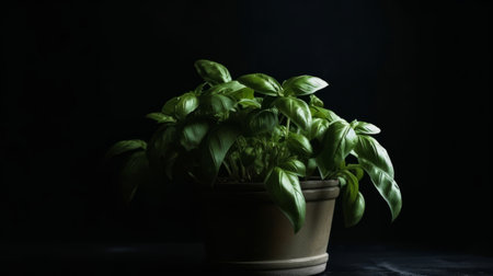 Basil leaves in flower pot. Illustration Generative AIの素材