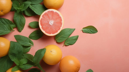Fresh grapefruits and mints overhead view - flat lay Illustration Generative AIの素材
