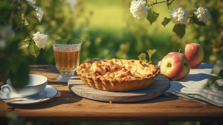 Apple pie in apple garden. Illustration Generative AIの素材