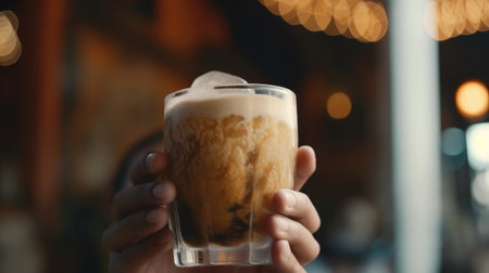 Glass of traditional vietnamese coconut ice coffee in woman hand. Illustration Generative AIの素材