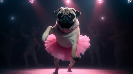 Pug Dod in a light pink ballet skirt is dancing like a ballerina, Illustration Generative AIの素材