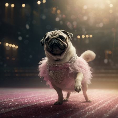 Pug Dod in a light pink ballet skirt is dancing like a ballerina, Illustration Generative AIの素材