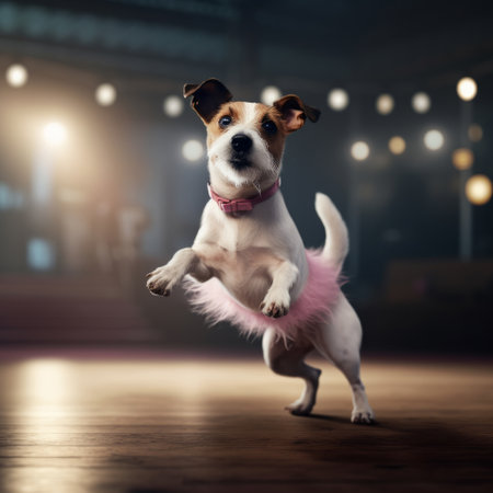 Jack Russell dog in a light pink ballet skirt is dancing like a ballerina, Illustration Generative AIの素材