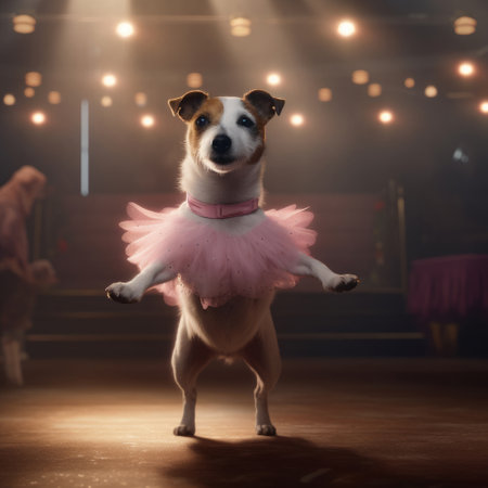Jack Russell dog in a light pink ballet skirt is dancing like a ballerina, Illustration Generative AIの素材