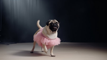 Pug Dod in a light pink ballet skirt is dancing like a ballerina, Illustration Generative AIの素材